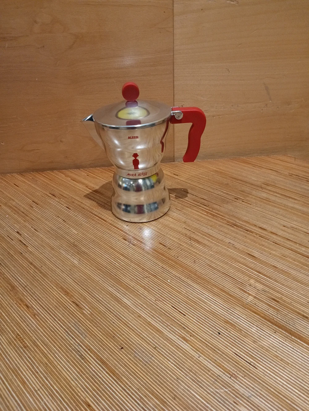 Alessi Stainless Steel Espresso Maker with Red Handle and Knob